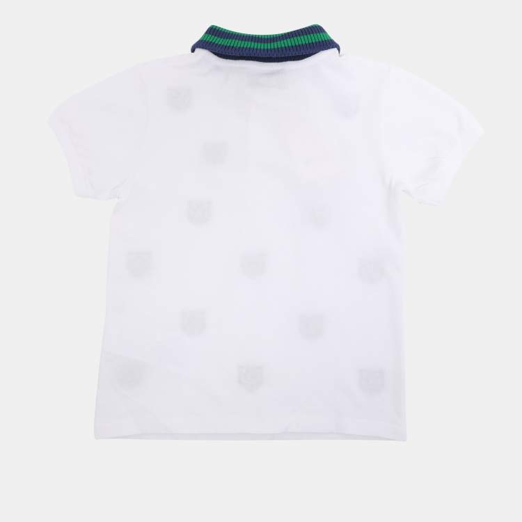 Pre Owned Gucci White/Blue Tiger Print Web Collar Jersey Polo T-Shirt 6 Yrs