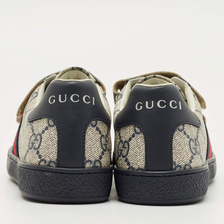 Pre Owned Gucci Grey/Navy Blue GG Supreme Canvas and Leather Web Ace Sneakers Size 32