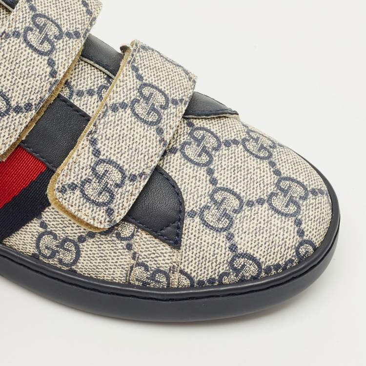 Pre Owned Gucci Grey/Navy Blue GG Supreme Canvas and Leather Web Ace Sneakers Size 32
