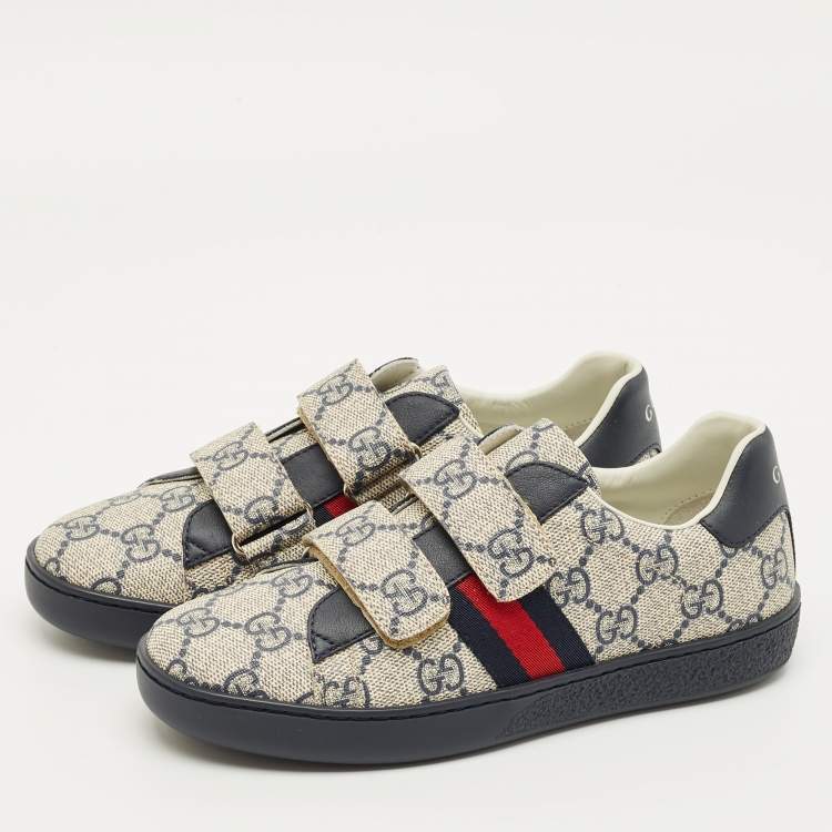 Pre Owned Gucci Grey/Navy Blue GG Supreme Canvas and Leather Web Ace Sneakers Size 32