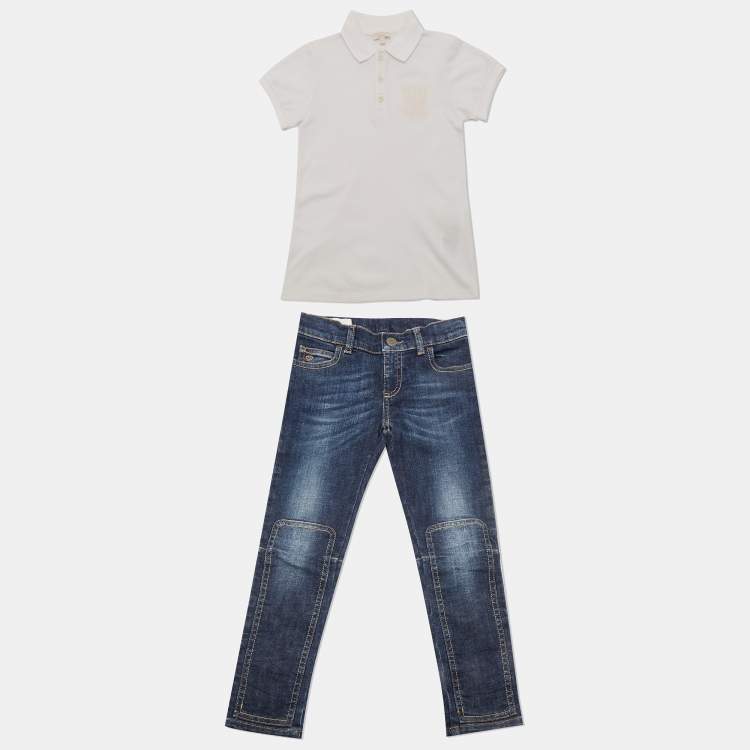 Pre Owned Gucci Kids White/Blue Cotton Polo T-Shirt and Jeans Set 6 Yrs
