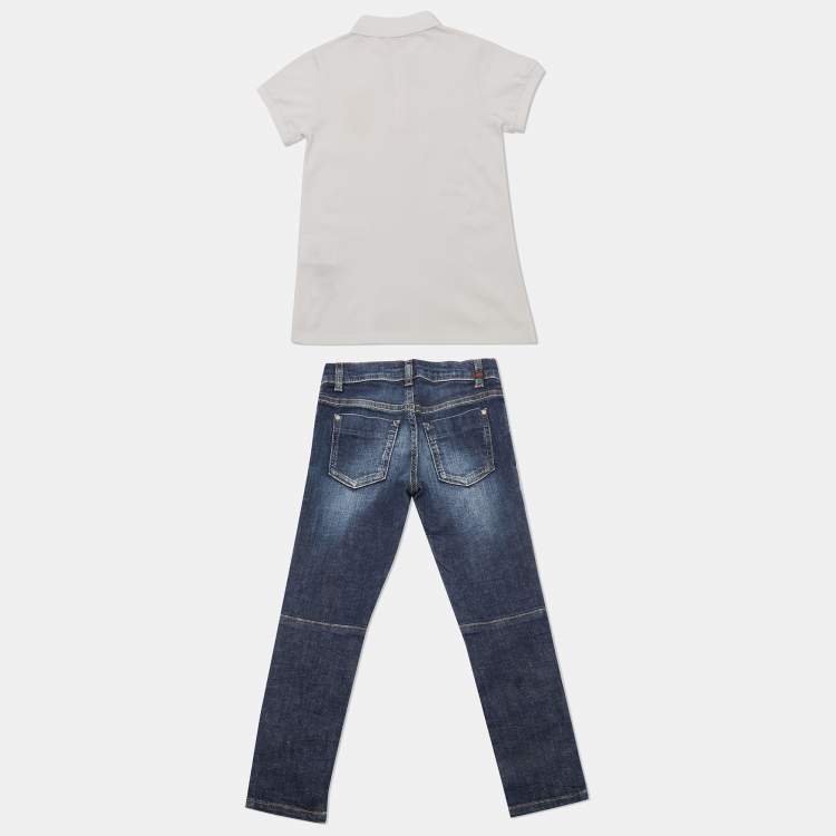 Pre Owned Gucci Kids White/Blue Cotton Polo T-Shirt and Jeans Set 6 Yrs