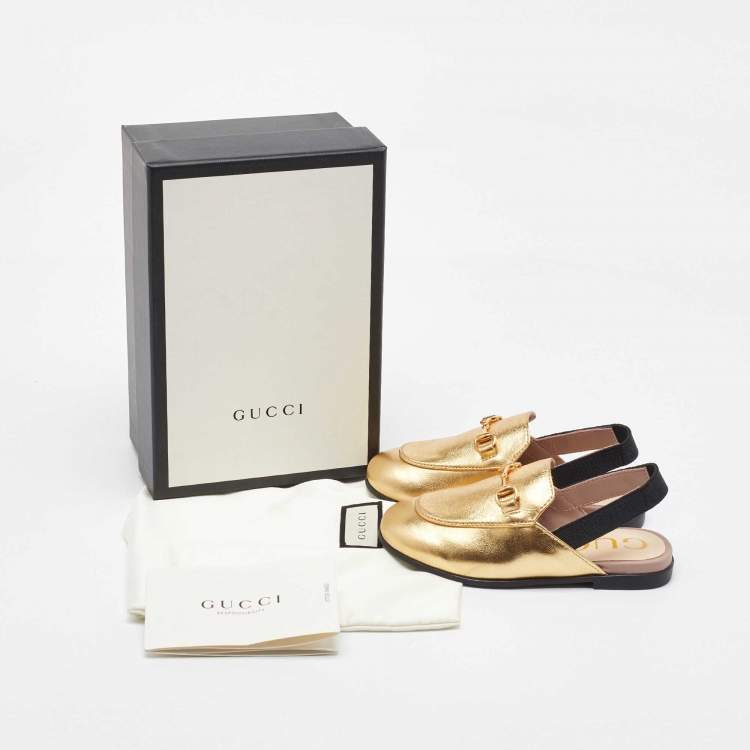 Pre Owned Gucci Gold Leather Kids Princetown Slingback Sandals Size 24