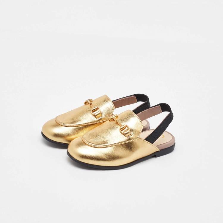 Pre Owned Gucci Gold Leather Kids Princetown Slingback Sandals Size 24