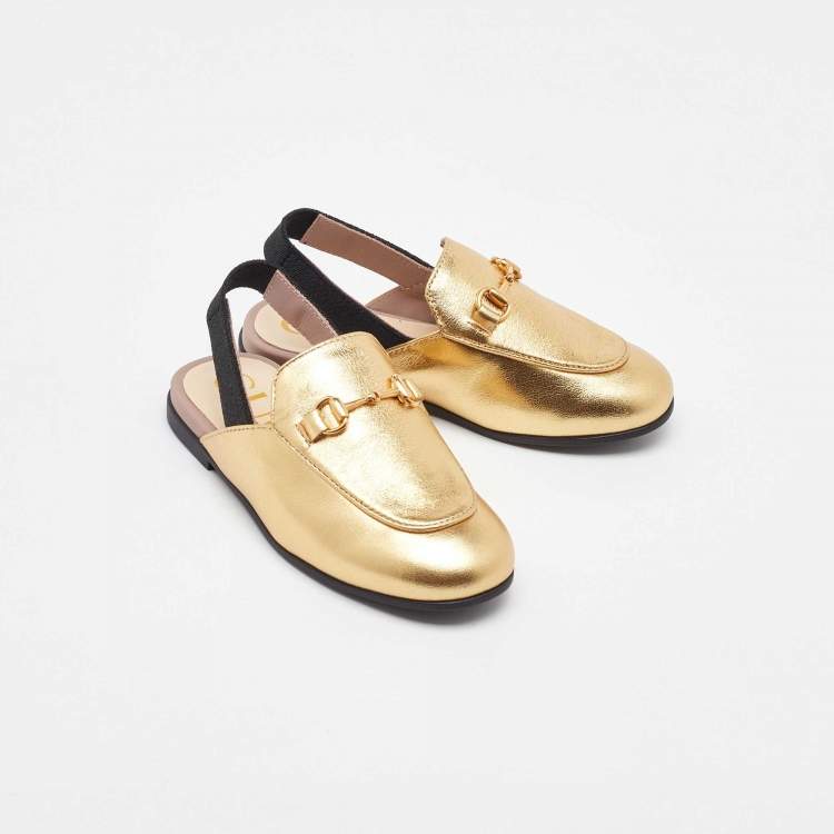 Pre Owned Gucci Gold Leather Kids Princetown Slingback Sandals Size 24