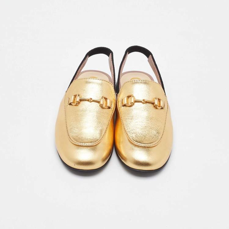 Pre Owned Gucci Gold Leather Kids Princetown Slingback Sandals Size 24