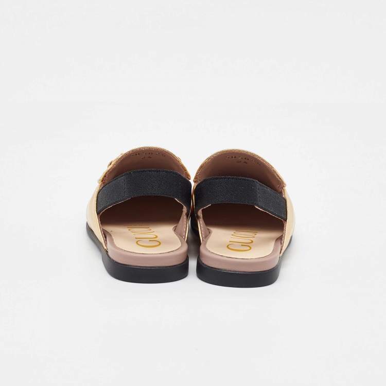 Pre Owned Gucci Gold Leather Kids Princetown Slingback Sandals Size 24
