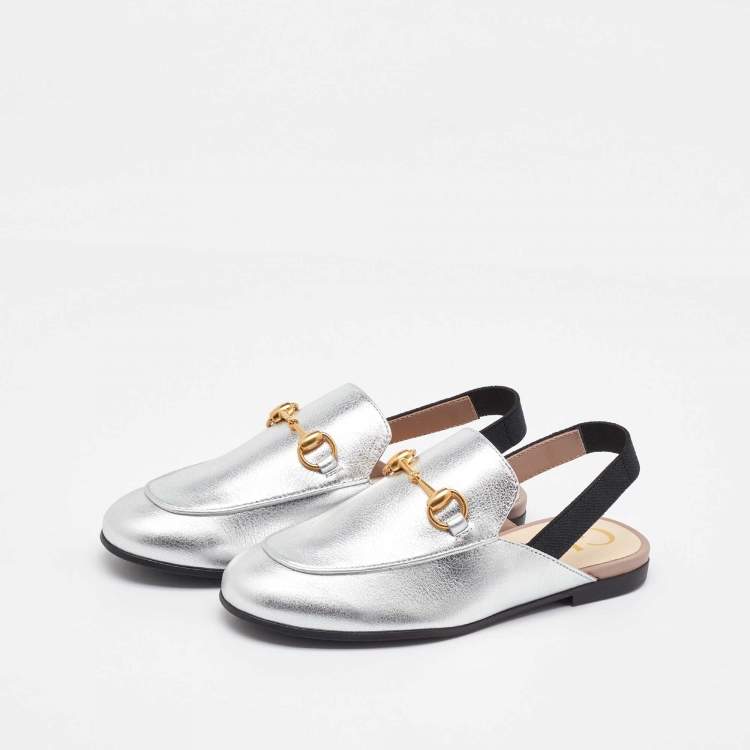 Pre Owned Gucci Silver Leather Kids Princetown Slingback Sandals Size 31