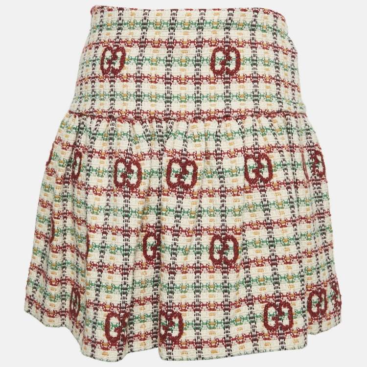 Pre Owned Gucci Cream/Red Tweed Gathered Mini Skirt 12 Yrs
