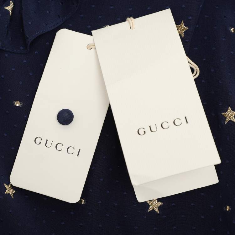 Pre Owned Gucci Navy Blue Silk Star Embroidered Ruffled Blouse 10Y