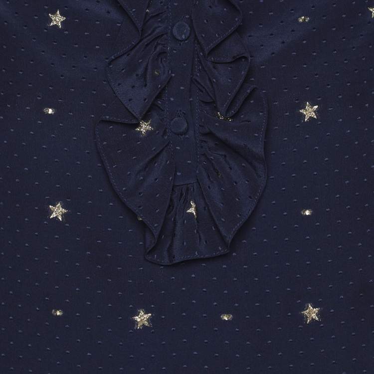 Pre Owned Gucci Navy Blue Silk Star Embroidered Ruffled Blouse 10Y