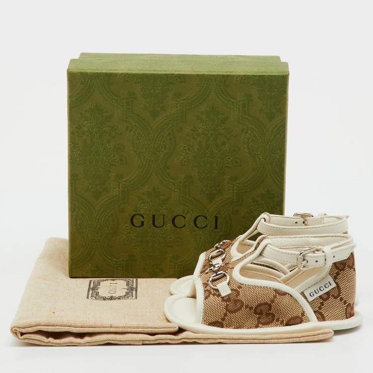 Pre Owned Gucci Beige/White GG Canvas and Leather Horsebit Sandals Size 16