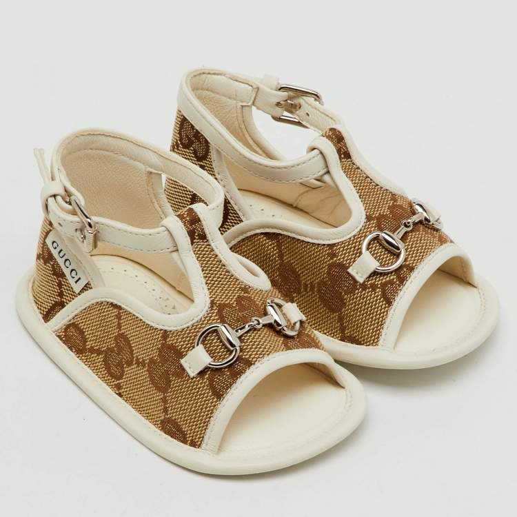 Pre Owned Gucci Beige/White GG Canvas and Leather Horsebit Sandals Size 16