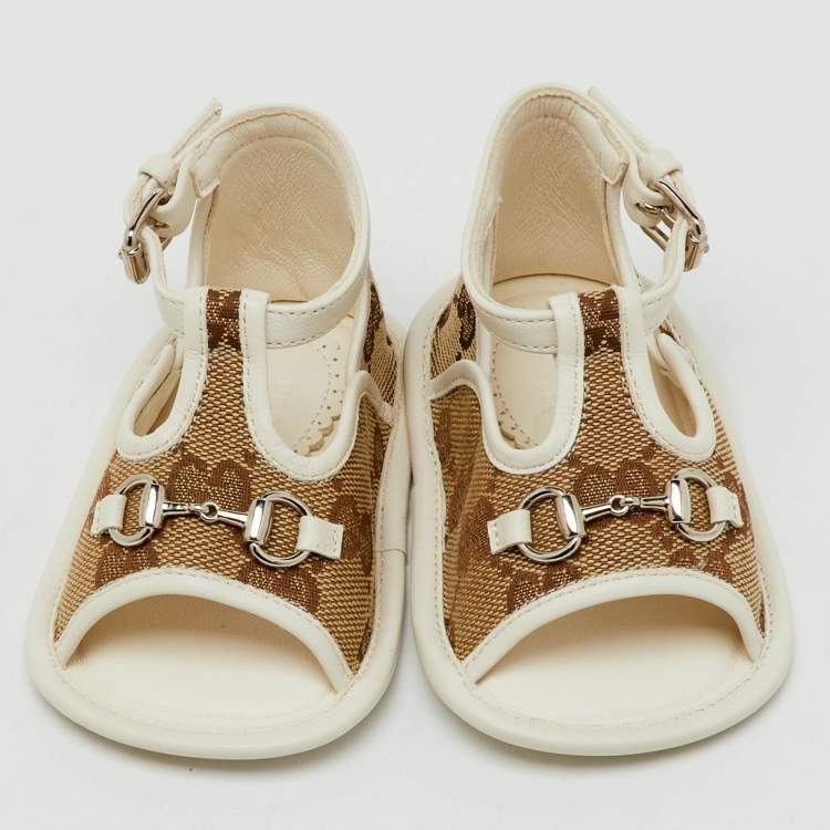 Pre Owned Gucci Beige/White GG Canvas and Leather Horsebit Sandals Size 16
