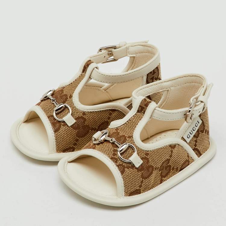 Pre Owned Gucci Beige/White GG Canvas and Leather Horsebit Sandals Size 16