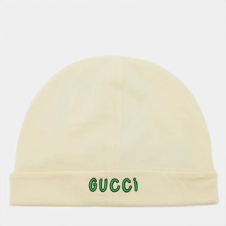 Pre Owned Gucci Cream Logo Print Cotton Beanie L/50
