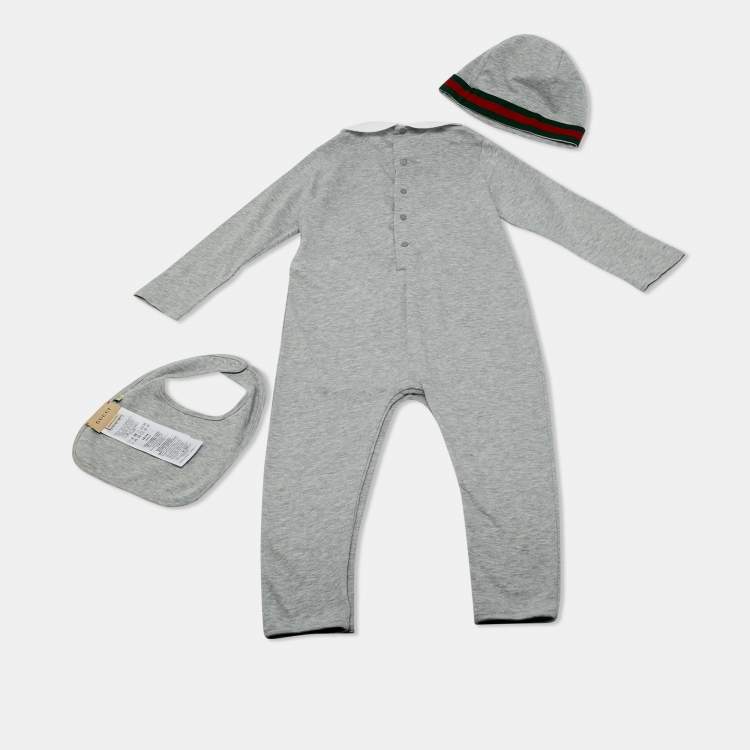 Pre Owned Gucci Kids Grey Web Trim Cotton Onesie Set 18-24M