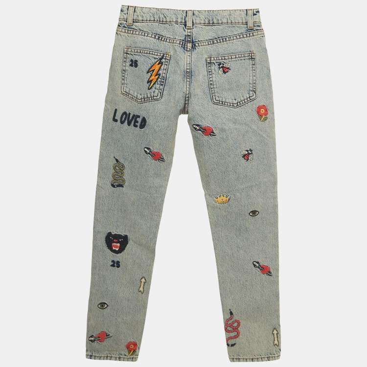 Pre Owned Gucci Blue Distressed Embroidered Denim Jeans (10 Yrs)