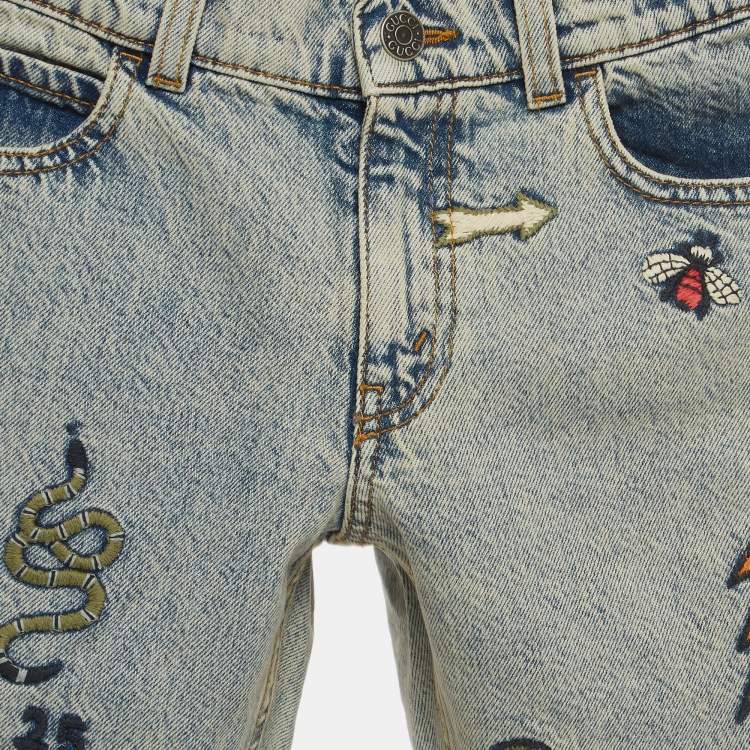 Pre Owned Gucci Blue Distressed Embroidered Denim Jeans (10 Yrs)