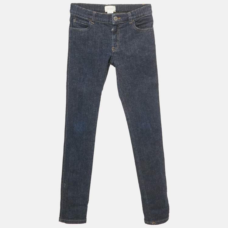 Pre Owned Gucci Navy Blue Web Trim Folded Hem Denim Jeans 10 Yrs 23"