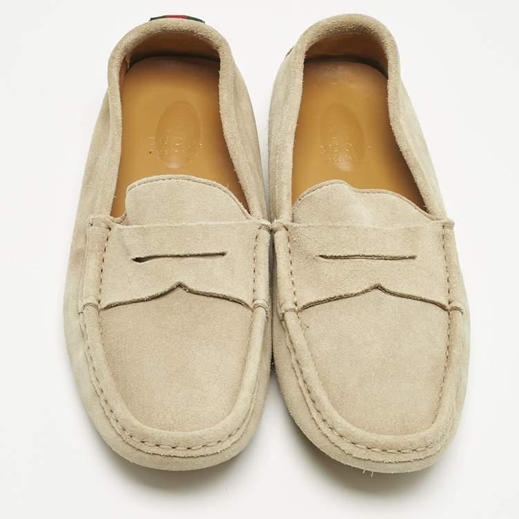 Pre Owned Gucci Beige Suede Web Driver Loafers Size 36