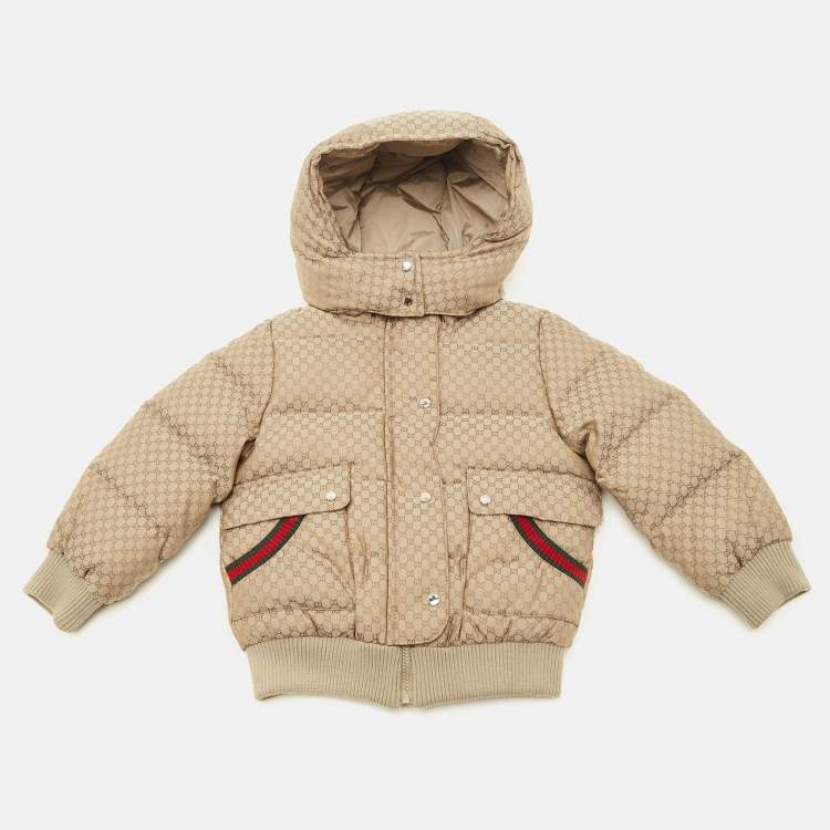 Pre Owned Gucci Kids Beige GG Print Nylon Down Jacket 12/18M