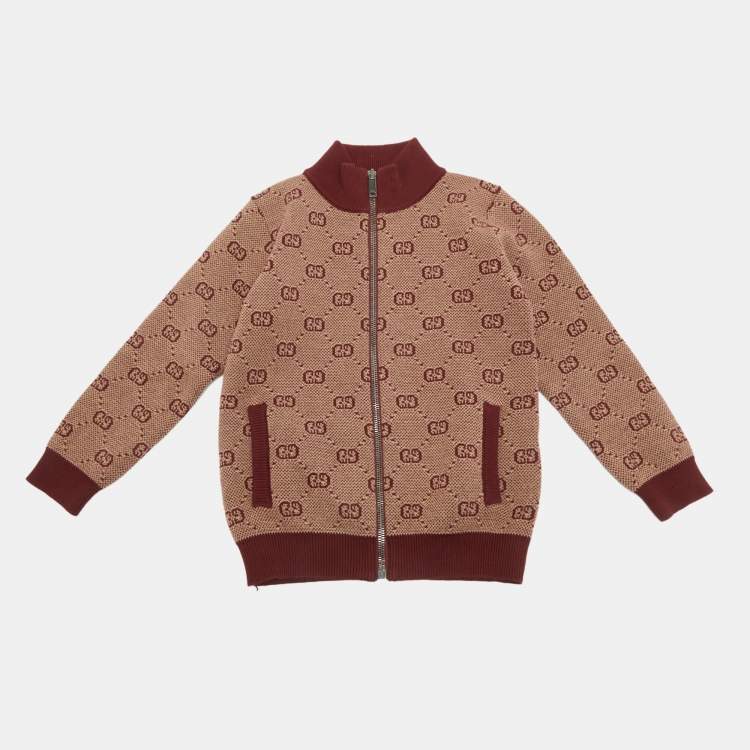 Pre Owned Gucci Kids Red/Beige GG Jacquard Knit Jacket 4Yrs