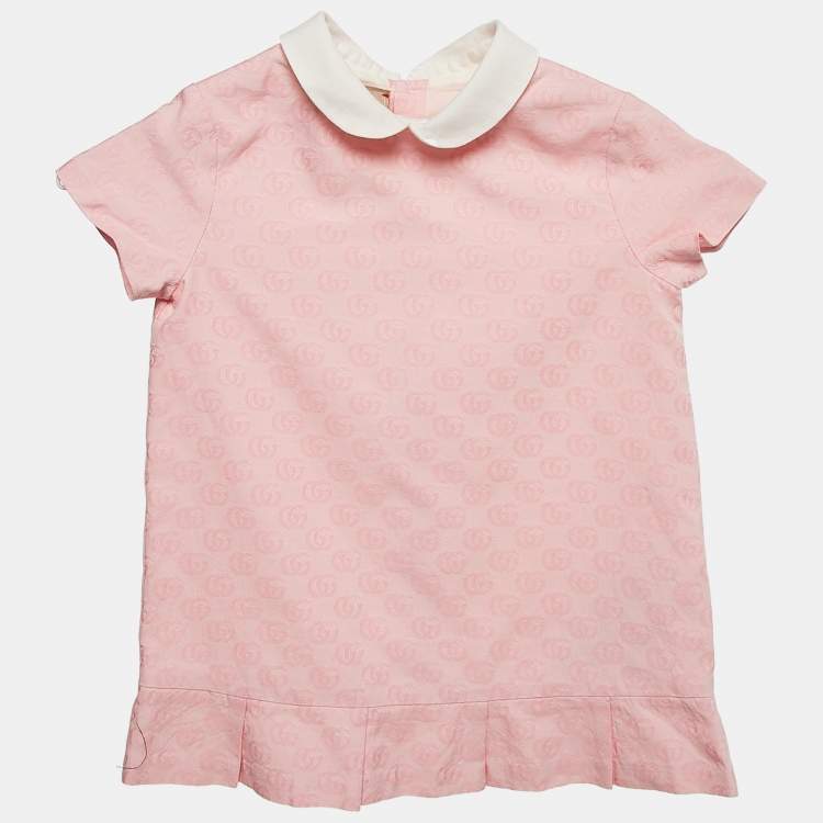 Pre Owned Gucci Kids Pink GG Jacquard Cotton Pleated Dress 12-24M