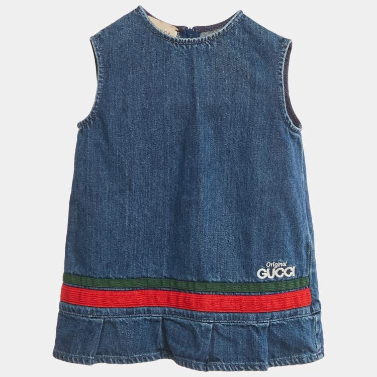 Pre Owned Gucci Kids Blue Denim Web Trim A-Line Dress 8/24M