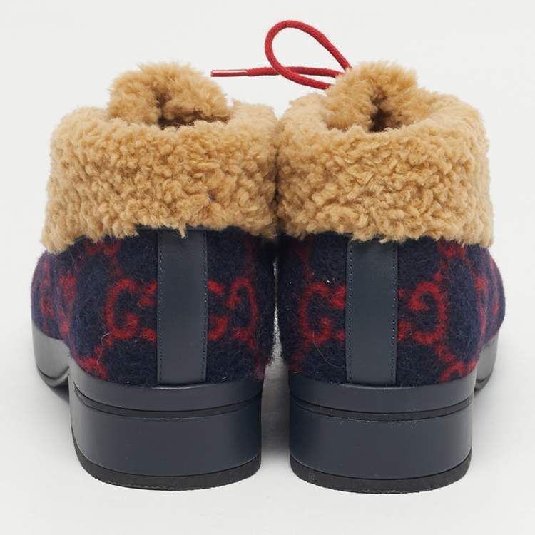 Pre Owned Gucci Navy Blue/Red GG Wool and Fur Ankle Boots Size 32