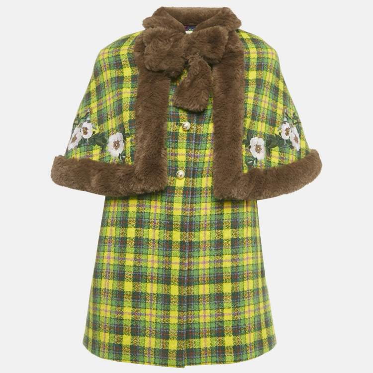 Pre Owned Gucci Yellow/Green Checks Wool and Faux Fur Trim Jacket 10Yrs