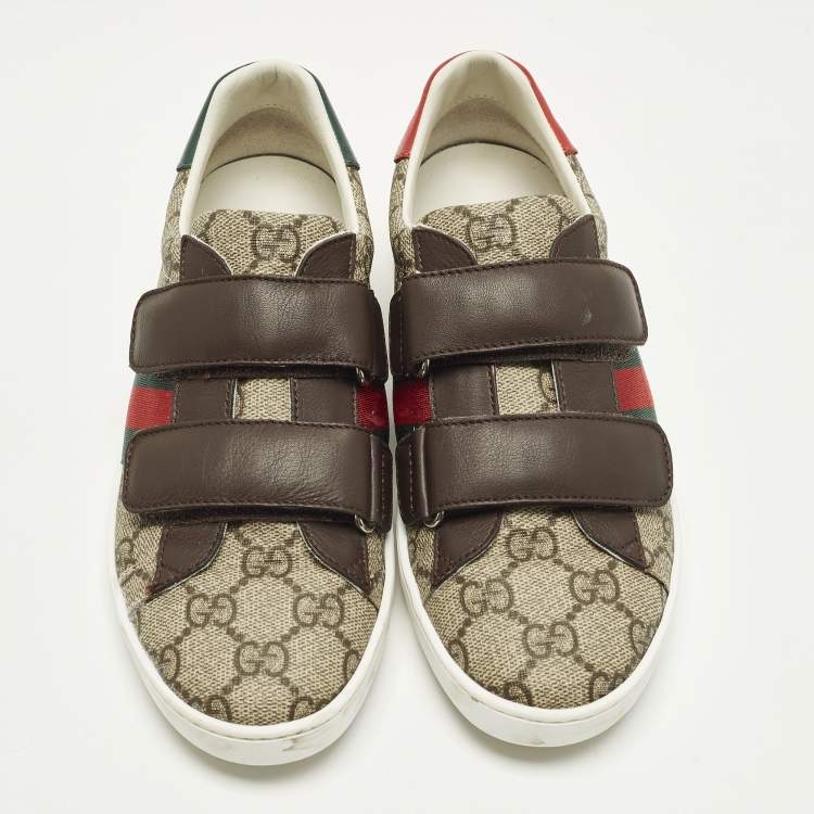 Pre Owned Gucci Ace Size 34 Brown Coated Canvas and Leather Velcro Sneakers