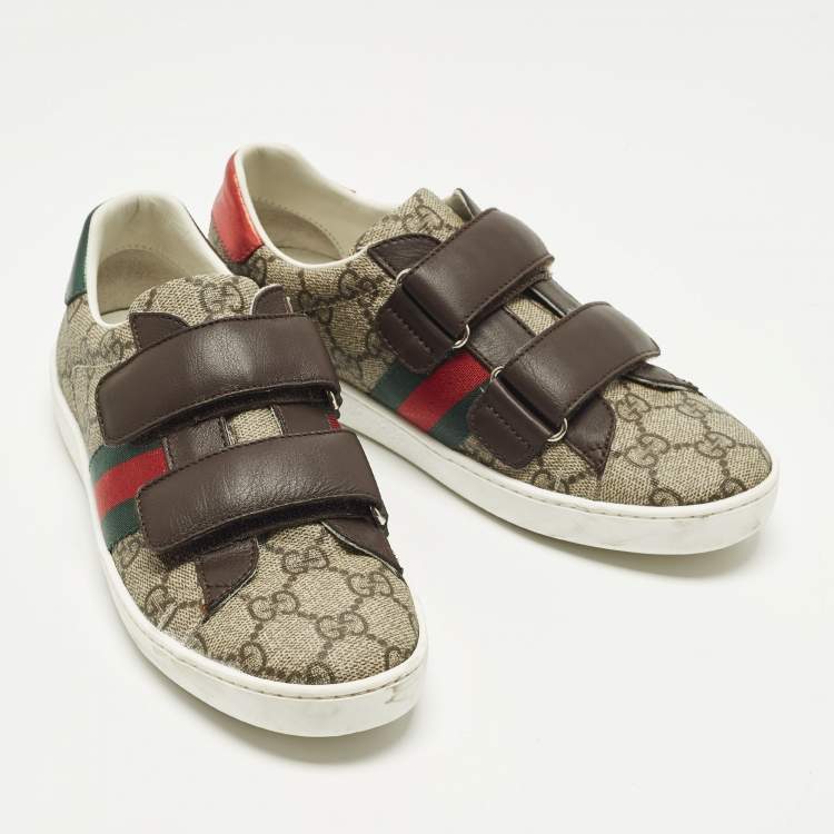 Pre Owned Gucci Ace Size 34 Brown Coated Canvas and Leather Velcro Sneakers