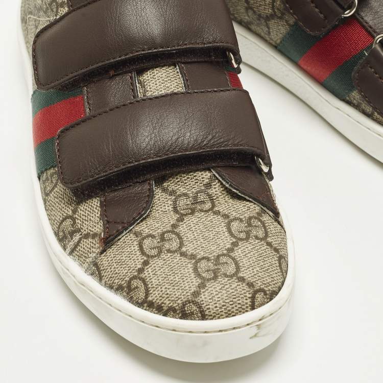 Pre Owned Gucci Ace Size 34 Brown Coated Canvas and Leather Velcro Sneakers