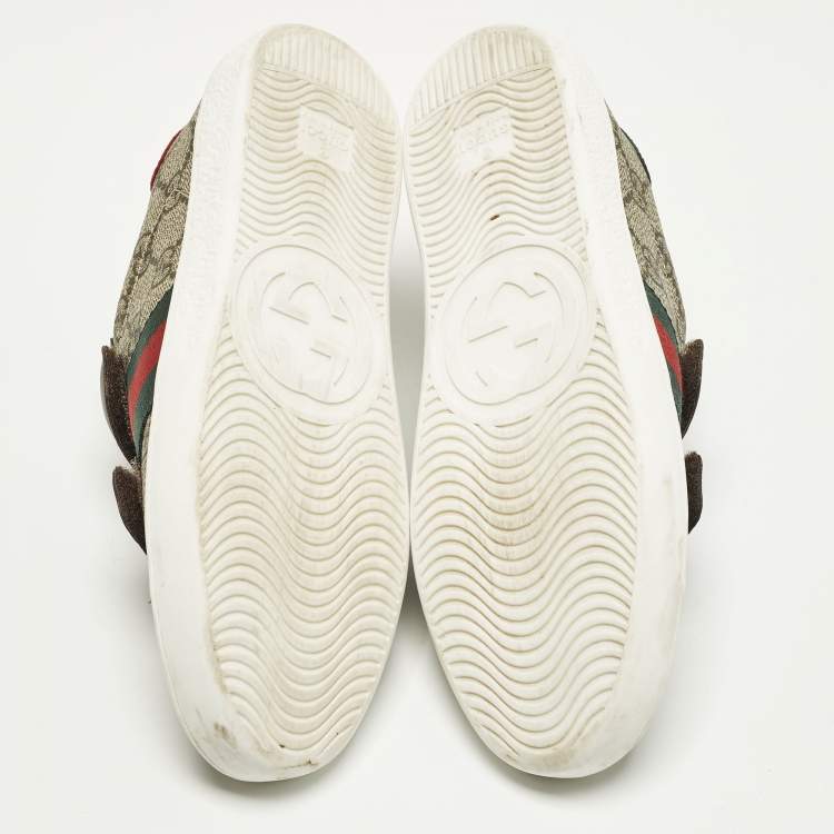 Pre Owned Gucci Ace Size 34 Brown Coated Canvas and Leather Velcro Sneakers