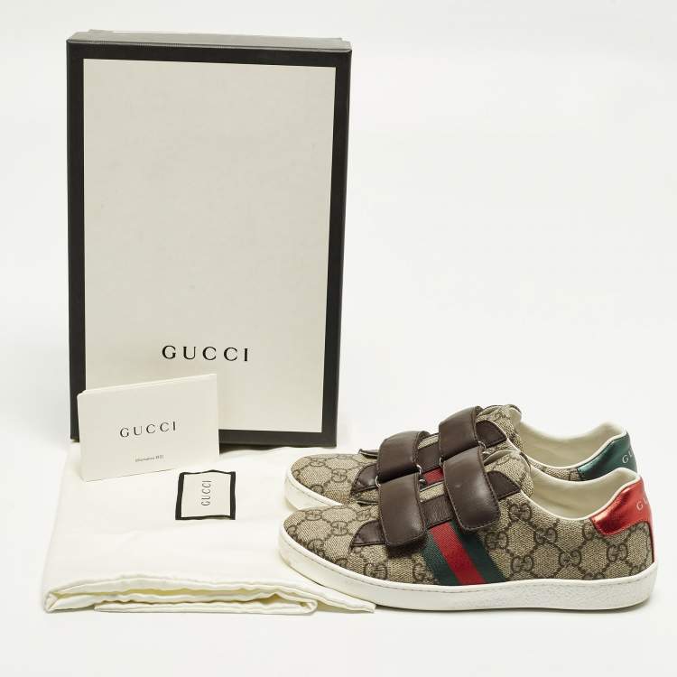 Pre Owned Gucci Ace Size 34 Brown Coated Canvas and Leather Velcro Sneakers