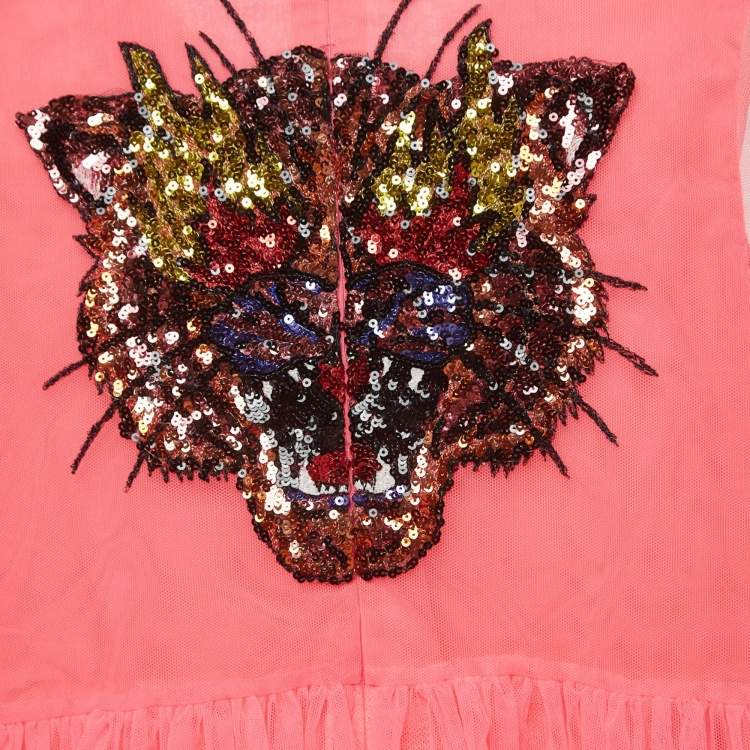Pre Owned Gucci Neon Pink Crystal Embellished Tulle Tiger Dress (10 Yrs)