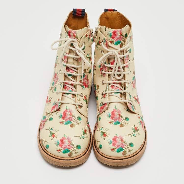 Pre Owned Gucci Multicolor Rose Print Supreme Canvas Ankle Boots Size 33