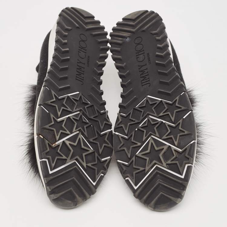 Pre Owned Jimmy Choo Black Knit Fabric and Lurex Norway Pom Pom Sneakers Size 34 (Kids)