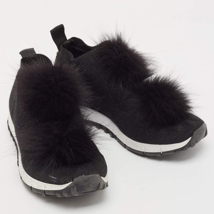 Pre Owned Jimmy Choo Black Knit Fabric and Lurex Norway Pom Pom Sneakers Size 34 (Kids)