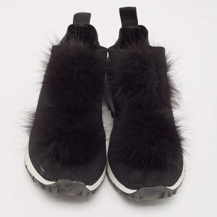 Pre Owned Jimmy Choo Black Knit Fabric and Lurex Norway Pom Pom Sneakers Size 34 (Kids)