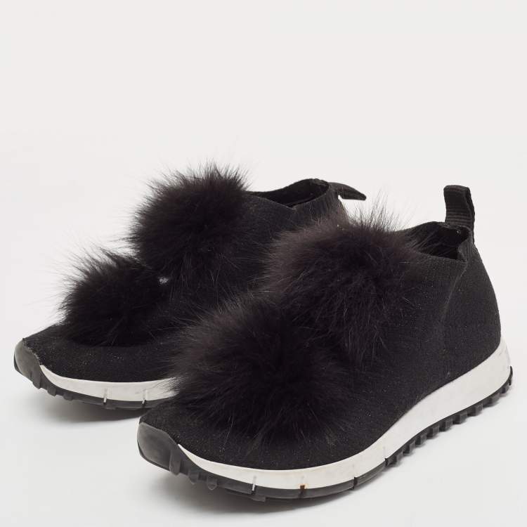 Pre Owned Jimmy Choo Black Knit Fabric and Lurex Norway Pom Pom Sneakers Size 34 (Kids)