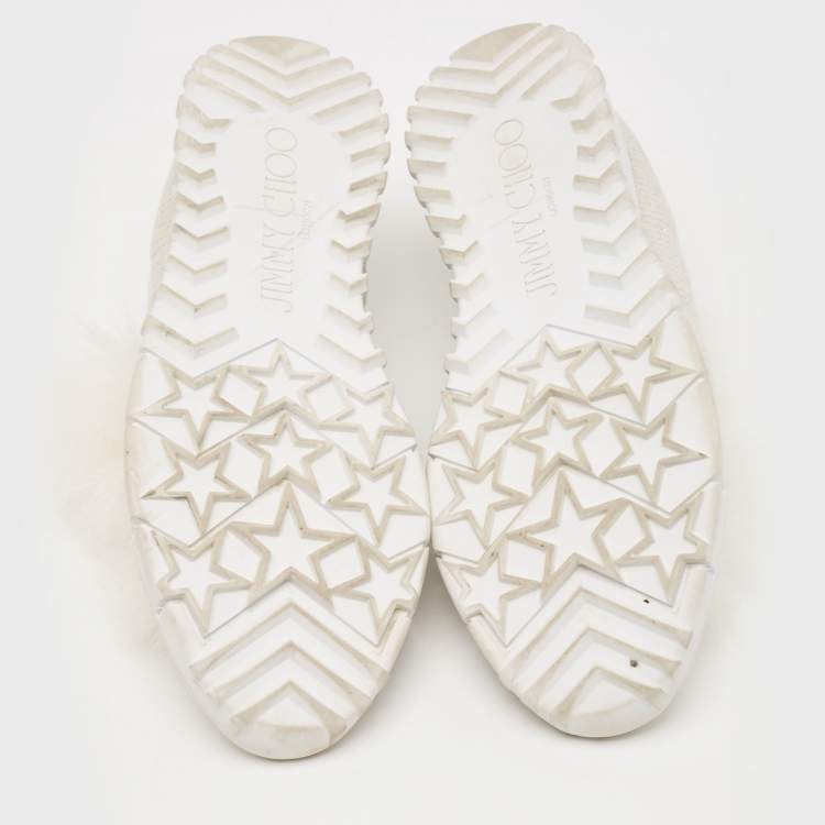 Pre Owned Jimmy Choo White/Silver Knit Fabric and Lurex Norway Pom Pom Sneakers Size 34 (Kids)