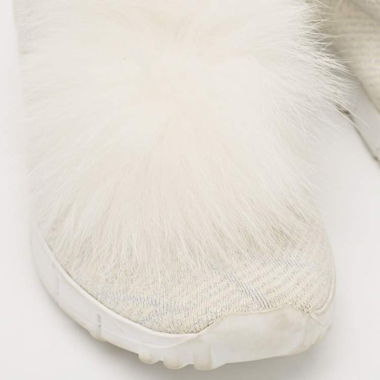 Pre Owned Jimmy Choo White/Silver Knit Fabric and Lurex Norway Pom Pom Sneakers Size 34 (Kids)