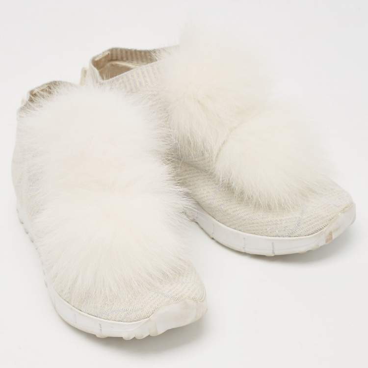 Pre Owned Jimmy Choo White/Silver Knit Fabric and Lurex Norway Pom Pom Sneakers Size 34 (Kids)