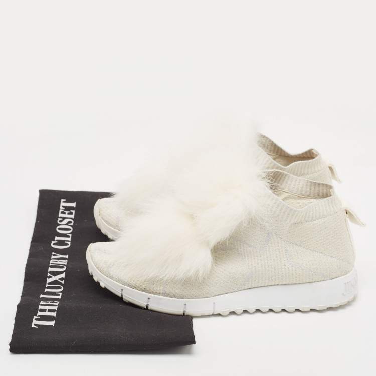 Pre Owned Jimmy Choo White/Silver Knit Fabric and Lurex Norway Pom Pom Sneakers Size 34 (Kids)