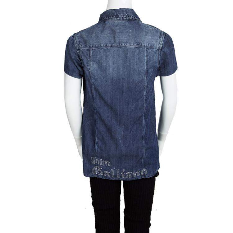 Pre Owned John Galliano Kids Indigo Washed Faded Effect Denim Tie Bottom Shirt 14 Yrs
