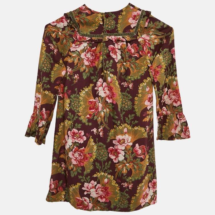 Pre Owned Kenzo Kids Burgundy Floral Print Crepe Ruffled Dress 6 Yrs 