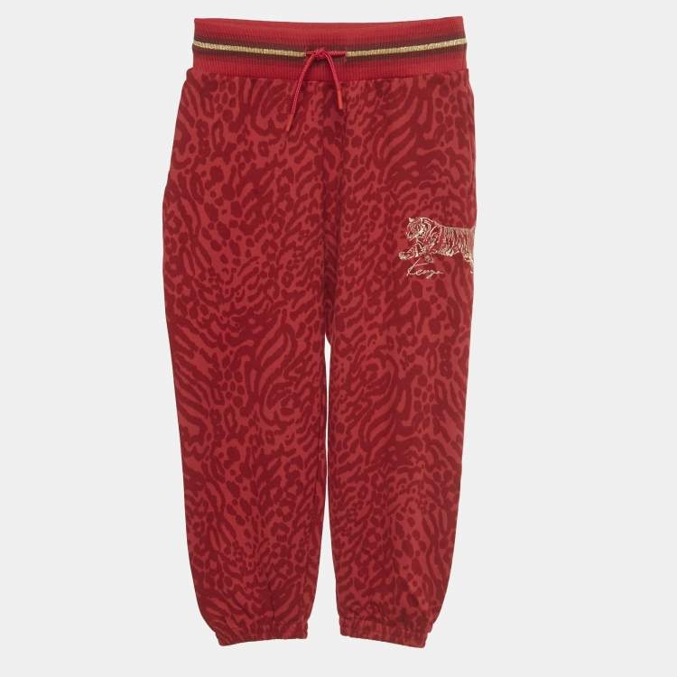 Pre Owned Kenzo Kids Red Leopard Print Cotton Joggers 6 Yrs 