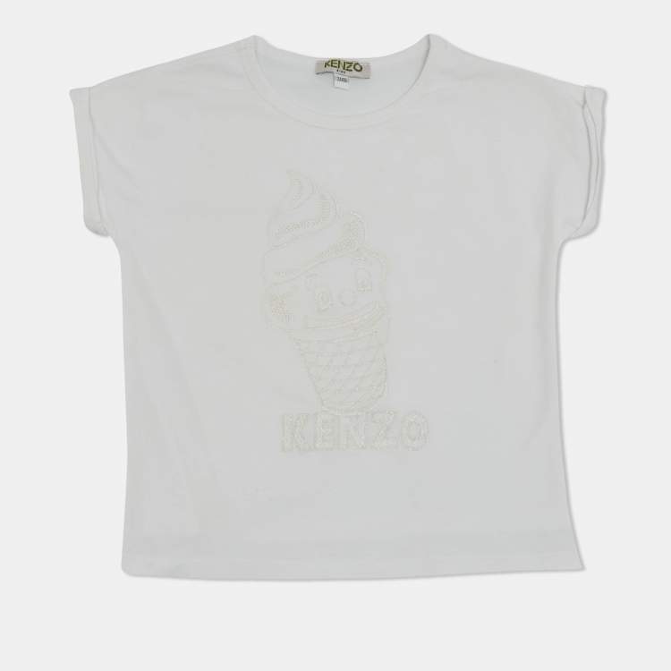 Pre Owned Kenzo Kids White Jersey Embroidered Logo T-Shirt 2 Yrs